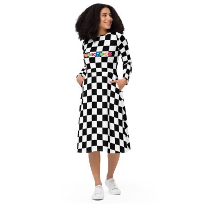 "Punk Rock R Us" Checkerboard All-over print long sleeve midi dress